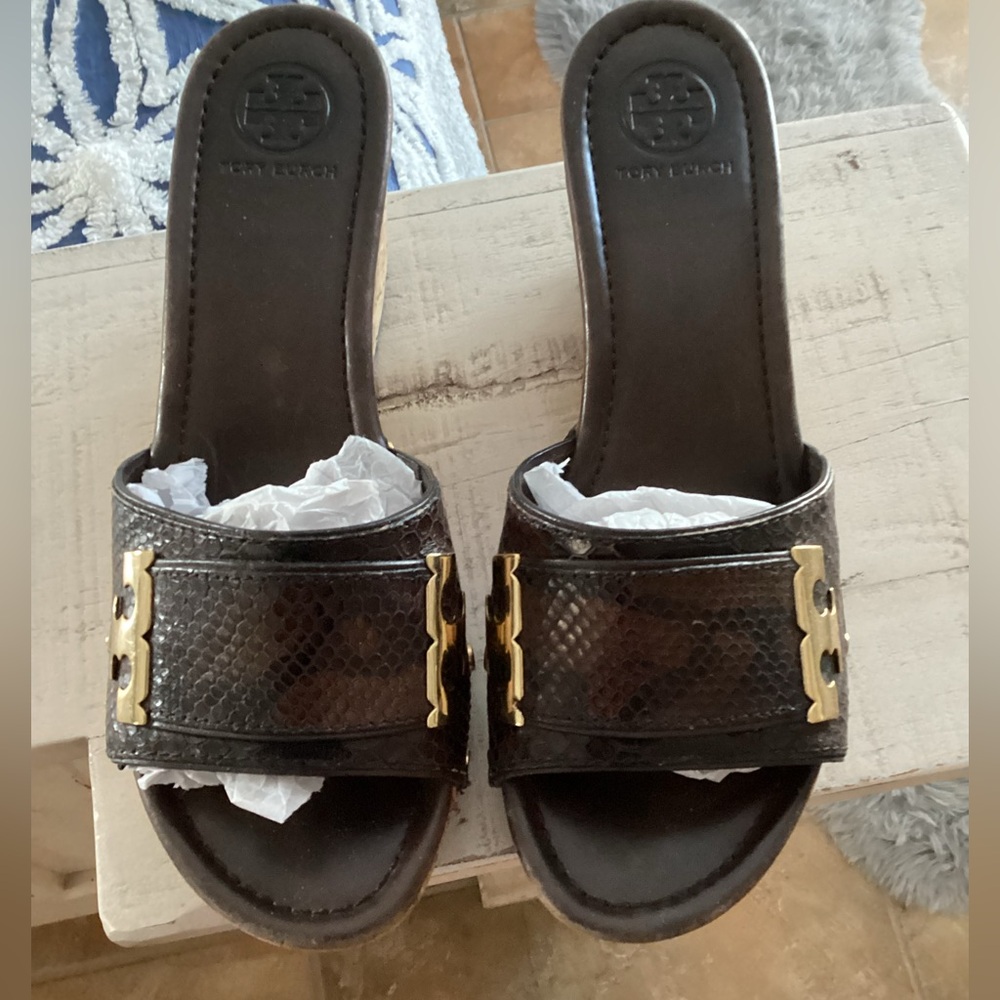 Tory Burch Dark Brown Snakeskin Slide Wedge Sandals 8.5